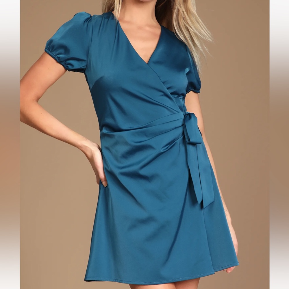 Lulus Latest Love Teal Satin Puff Sleeve Wrap Mini Dress